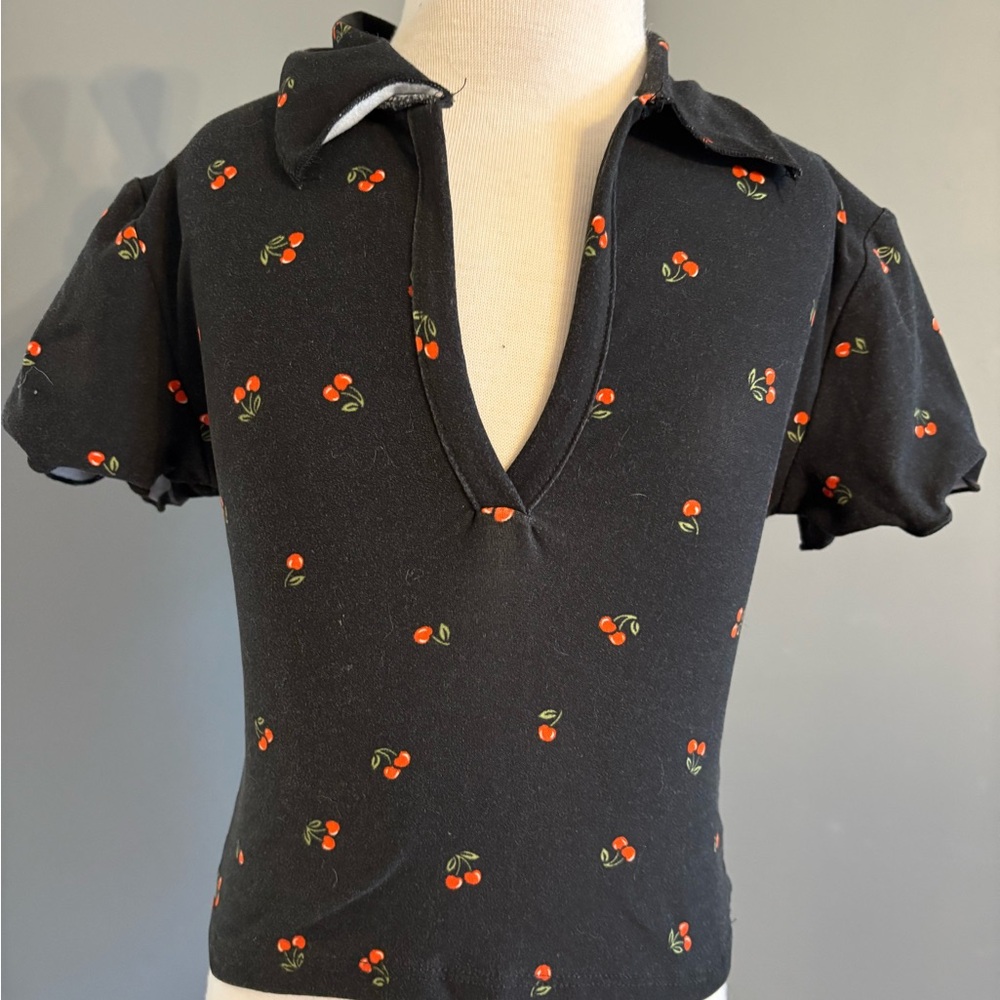 Black Cherry Print Collared Top
